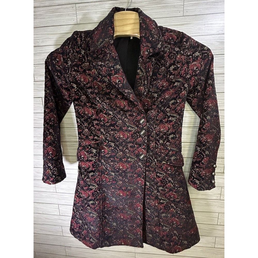 Free People Womens Equestrian Coat Heavy Jacquard Red Green Sz Sm Metal Button